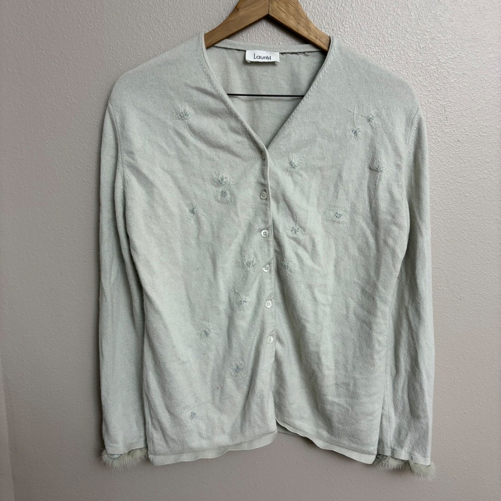 Escada Laurél Cardigan Sweater 42 Silk Cashmere Beaded Mink Fur Trim Sage Green